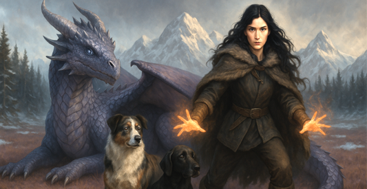 A girl with long black wavy hair stands in front of her grayish purple dragon and two dogs with her hands glowing with magical heat.