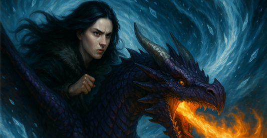 A girl on her bluish purple dragon's back, fighting a tornado of ice and snow while her dragon breathes fire into it