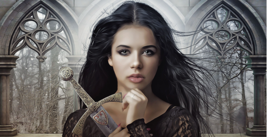 A beautiful girl holds a sword, looking pensive