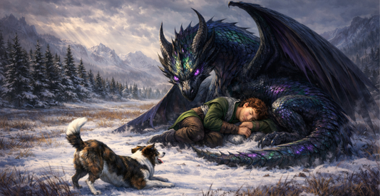 An inky wyvern curls around her unconscious rider while a brindle-and-white dog begs them to play, in a scene from Dragon of Frost and Flame: a young adult epic fantasy with a Snow White fairytale retelling twist by Betsy Flak