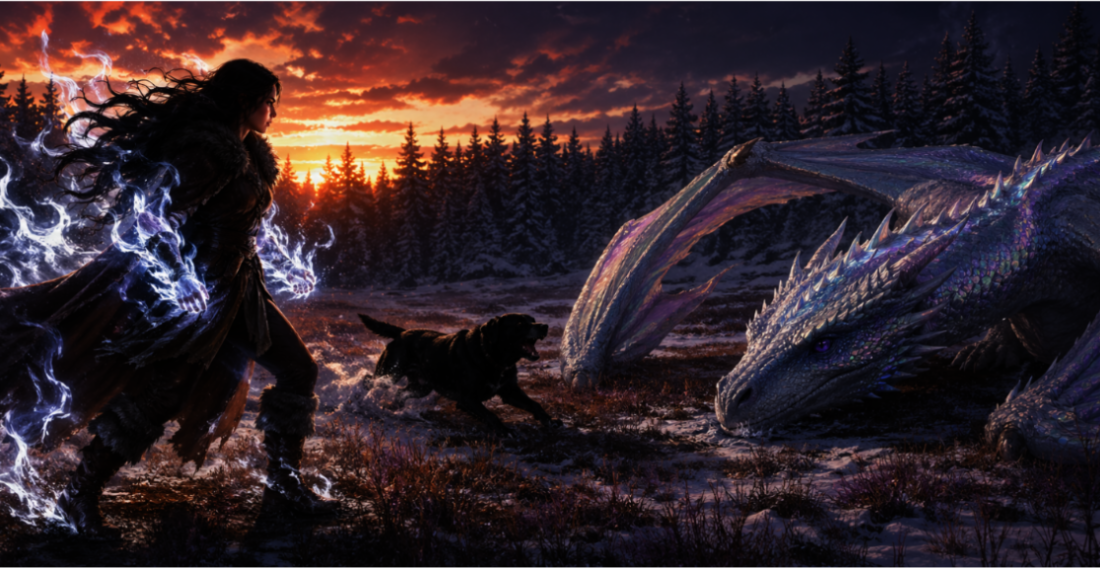 A young woman wield magical white-hot fire as she stalks toward her enemy, an iridescent silvery wyvern with violet eyes. A black dog charges between them.