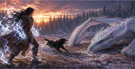 A young woman wield magical white-hot fire as she stalks toward her enemy, an iridescent silvery wyvern with violet eyes. A black dog charges between them.