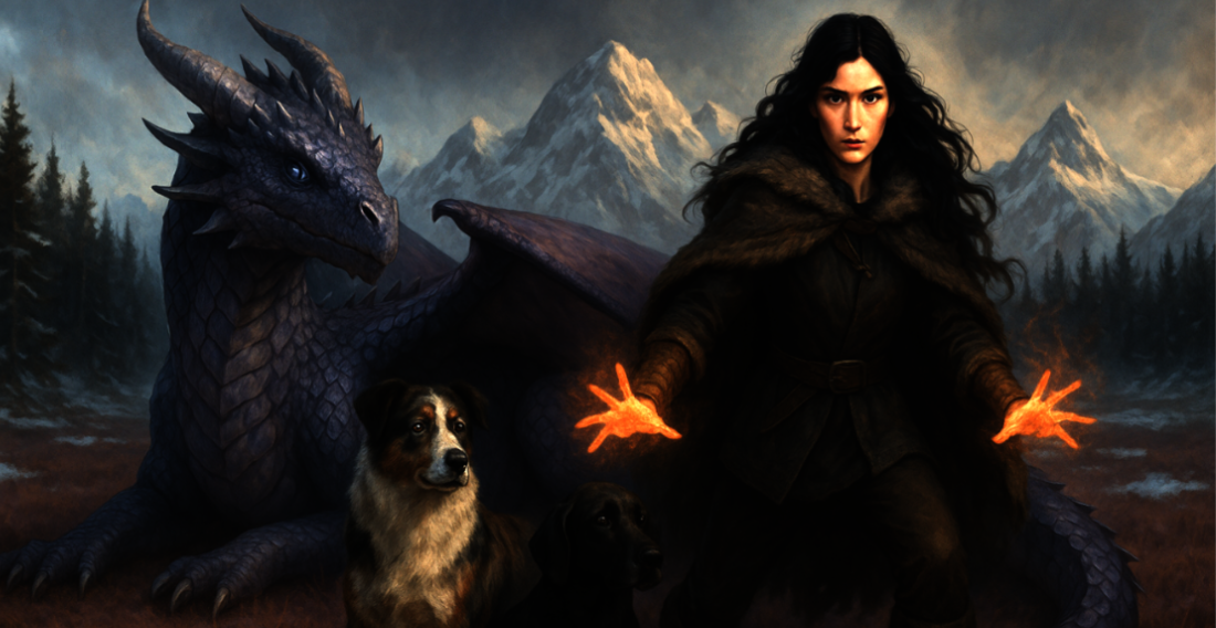 A girl with long black wavy hair stands in front of her grayish purple dragon and two dogs with her hands glowing with magical heat.