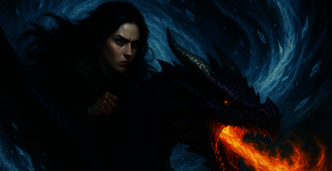 A girl on her bluish purple dragon's back, fighting a tornado of ice and snow while her dragon breathes fire into it
