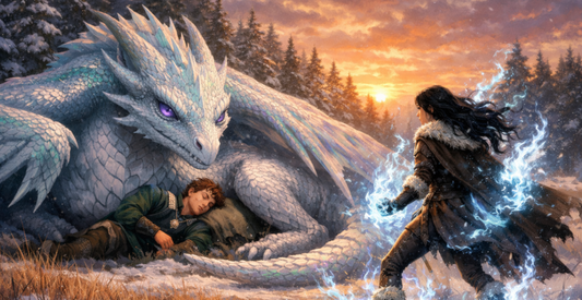 A snowy white wyvern with violet eyes protects a prince in disguise while a girl covered in bluish white flame opposes them