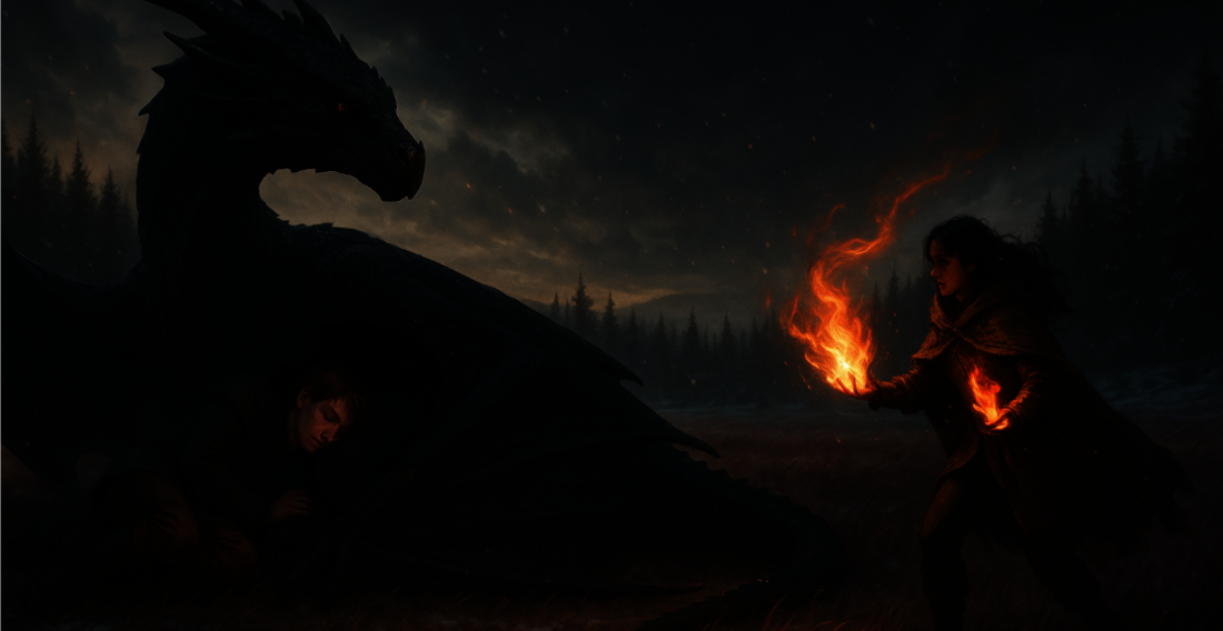 A girl dragon rider wield flames as she approaches her enemies, a wyvern and the wyvern's male rider on a snow-dusted plain