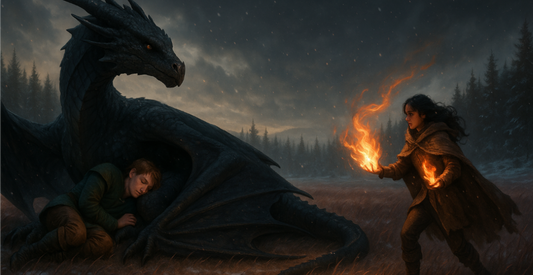 A girl dragon rider wield flames as she approaches her enemies, a wyvern and the wyvern's male rider on a snow-dusted plain