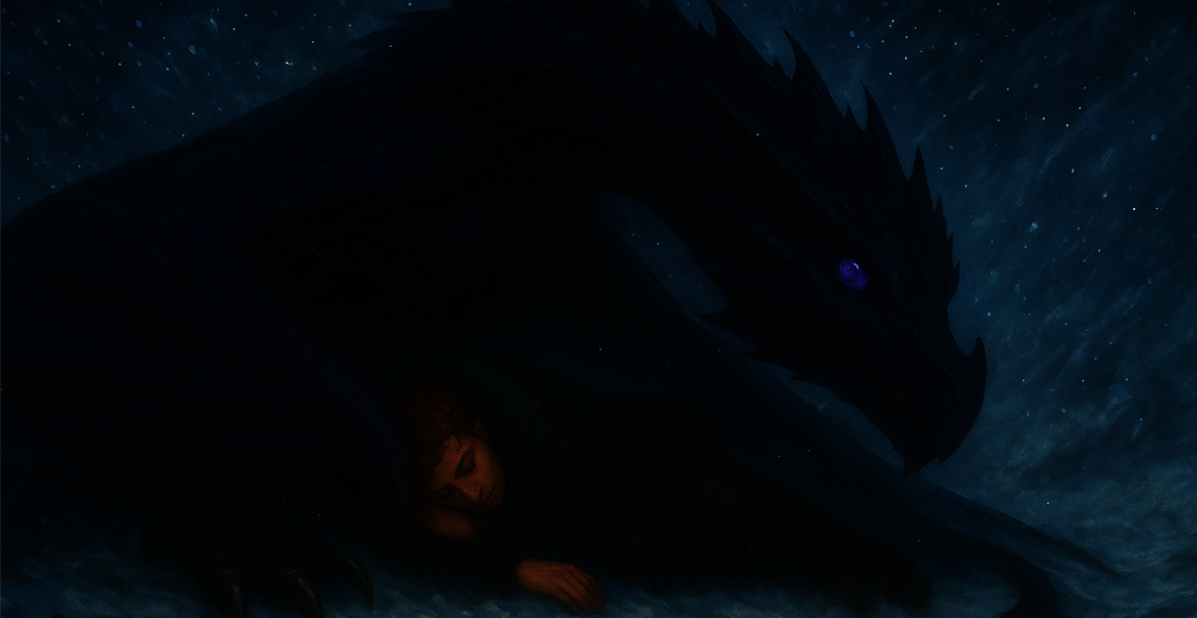 An ink-black wyvern with violet eyes curls protectively around her rider wearing the green and silver of Wyndaerya in a snowstorm