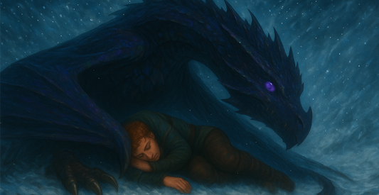 An ink-black wyvern with violet eyes curls protectively around her rider wearing the green and silver of Wyndaerya in a snowstorm