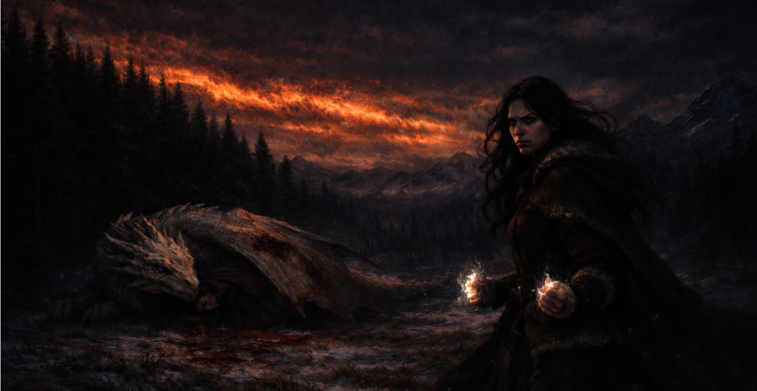 A young woman with black wavy hair and wielding white-hote fire stares down her enemies, an injured snowy white wyvern and the wyvern's unconscious rider