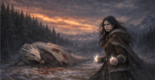 A young woman with black wavy hair and wielding white-hote fire stares down her enemies, an injured snowy white wyvern and the wyvern's unconscious rider