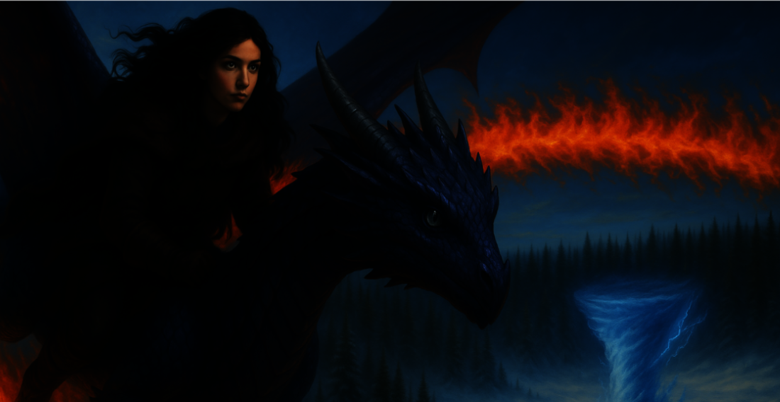 A girl on her dragon's back in the sky gazes down at her enemy's ice-and-snow tornado