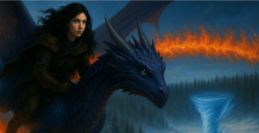 A girl on her dragon's back in the sky gazes down at her enemy's ice-and-snow tornado