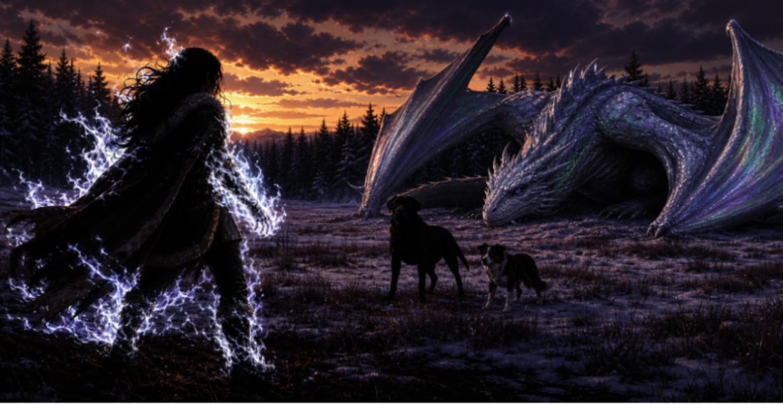 Two dogs, one larger and pure black and one smaller and brindle-and-white, defend an iridescent silvery wyvern from a young woman covered in whitish-blue flames on a snowy field near sunset