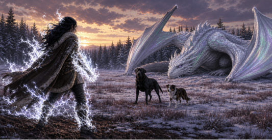 Two dogs, one larger and pure black and one smaller and brindle-and-white, defend an iridescent silvery wyvern from a young woman covered in whitish-blue flames on a snowy field near sunset