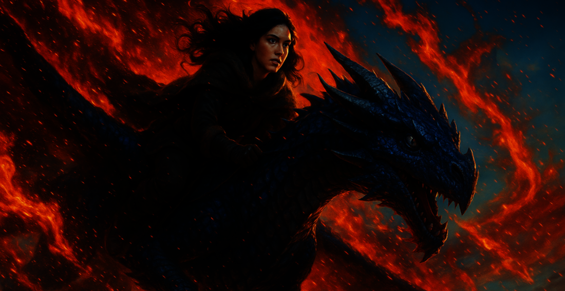 Snowy White Death, an eighteen-year-old girl with dark, wavy hair and dark-blue eyes flies her bluish purple dragon, Stormfyre, through a sea of fire in the bright blue sky