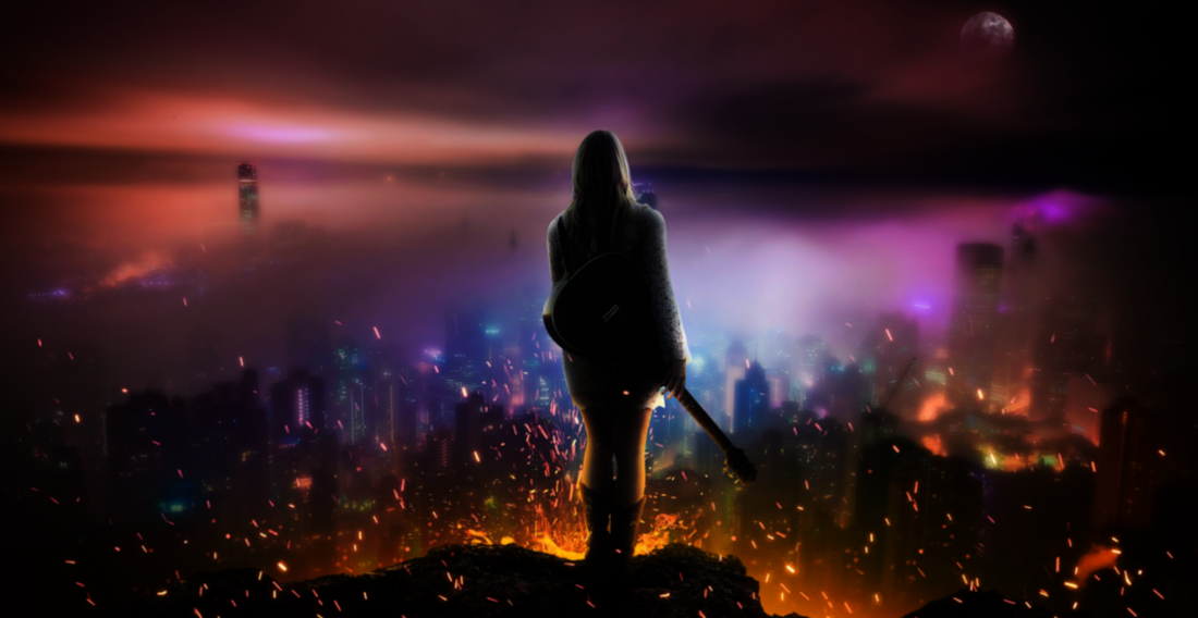 A girl with a guitar in the shadows overlooking a city lit in purples, pinks, and oranges at sunset